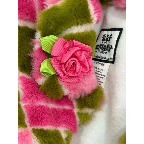Corky & Company Girls Coat Pink Green Button-Up Jacket Argyle Faux Fur Size 4 - Picture 4 of 7